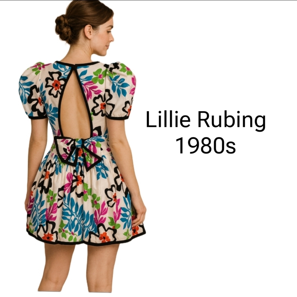 Lillie Rubin 80s Vintage  Floral Party Multicolored Cotton Dress Small